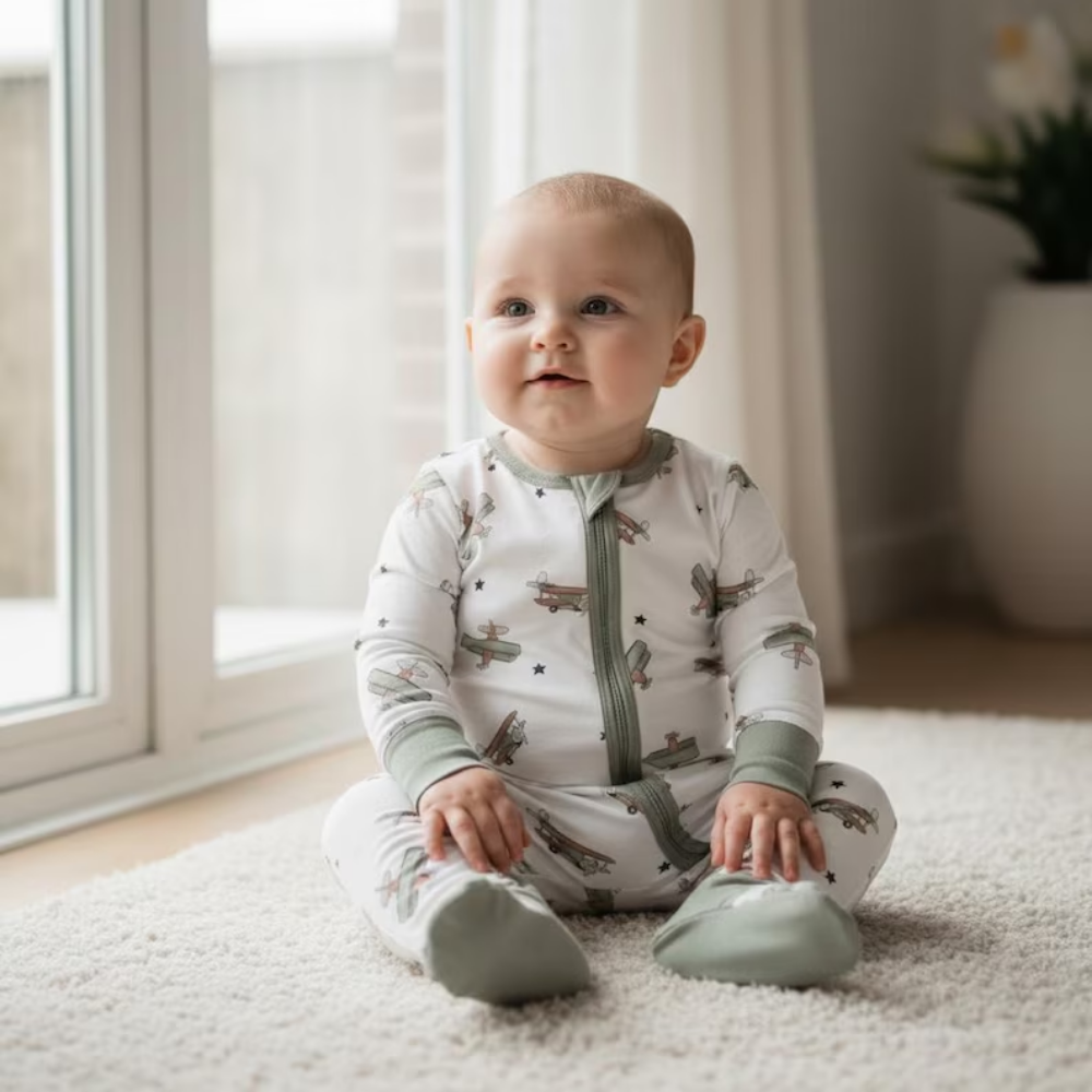 Airplane Green White Baby Convertible Romper With Zipper, Aircraft Baby Romper Convertible BB0333