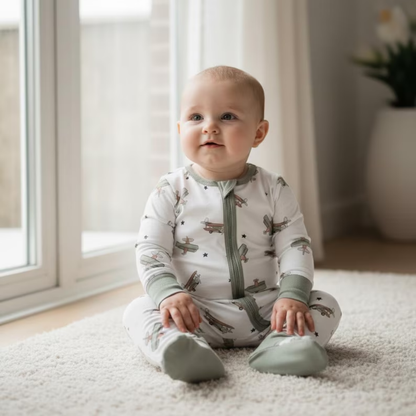 Airplane Green White Baby Convertible Romper With Zipper, Aircraft Baby Romper Convertible BB0333