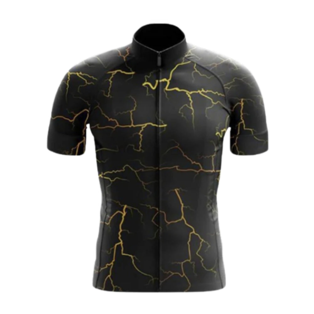 Black And Yellow Thunder Lightning Short Sleeve Men's Cycling Jersey, Thunder Cycling Jerseys CG0683