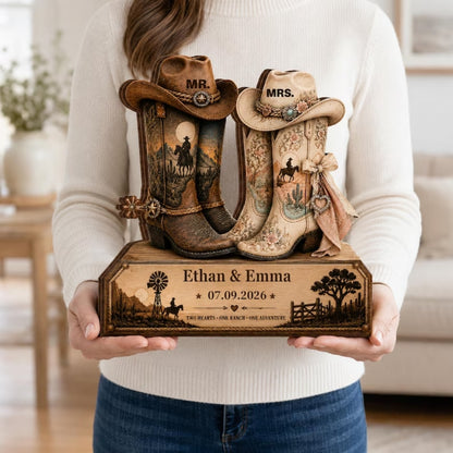 Personalized Cowboy Boots Mr Mrs Wooden Plaque, Custom Western Wedding Wooden Block For Couple WD0874
