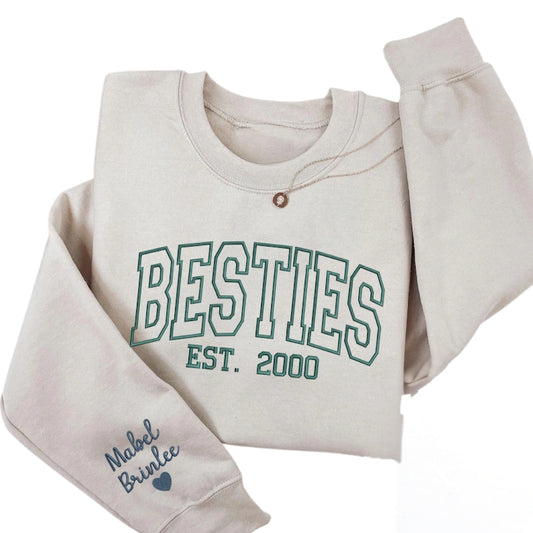 Custom Embroidered Besties Sweatshirt With Names On Sleeve, Custom Matching Best Friend Sweatshirt 2D0273