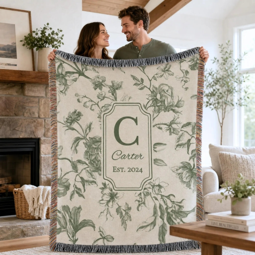 Custom Vintage Floral Wedding Woven Blanket With Name and Date, Personalized Throw Blanket For Wedding Anniversary WD0163