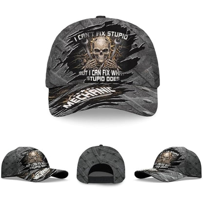 I Can't Fix Stupid But I Can Fix What Stupid Does Skull Mechanic Baseball Cap, Funny Mechanic Cap 3D Printed CP0508