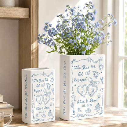 The Year We Got Engaged Custom Ceramic Book Vase, Personalized Engagement Book Vase For Couple WD0978