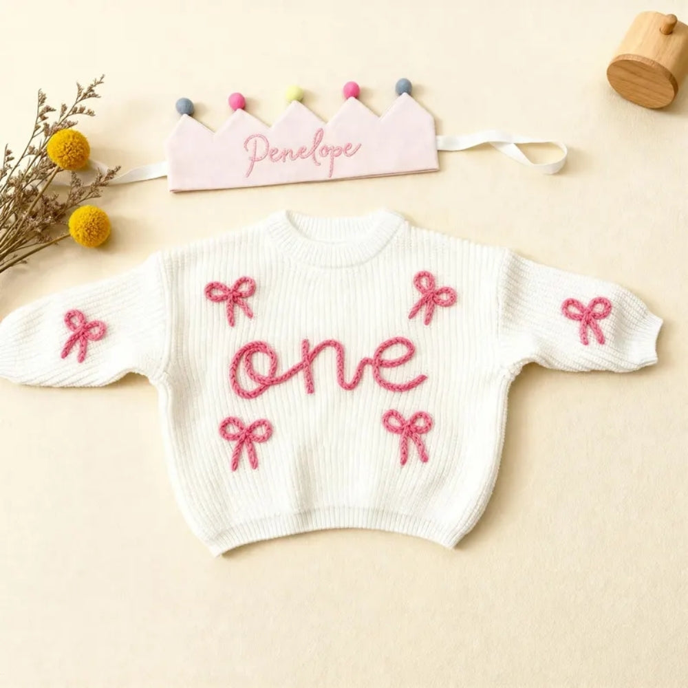 One 1st Birthday Baby Embroidered Knit Sweater, First Birthday Baby Sweatshirt BB0792