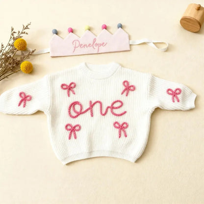 One 1st Birthday Baby Embroidered Knit Sweater, First Birthday Baby Sweatshirt BB0792