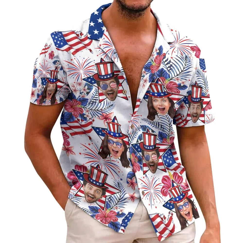 Custom Photo American Flag Hawaiian Shirt For 4th Of July, Custom Face Hawaiian Shirts Independence Day HE0213