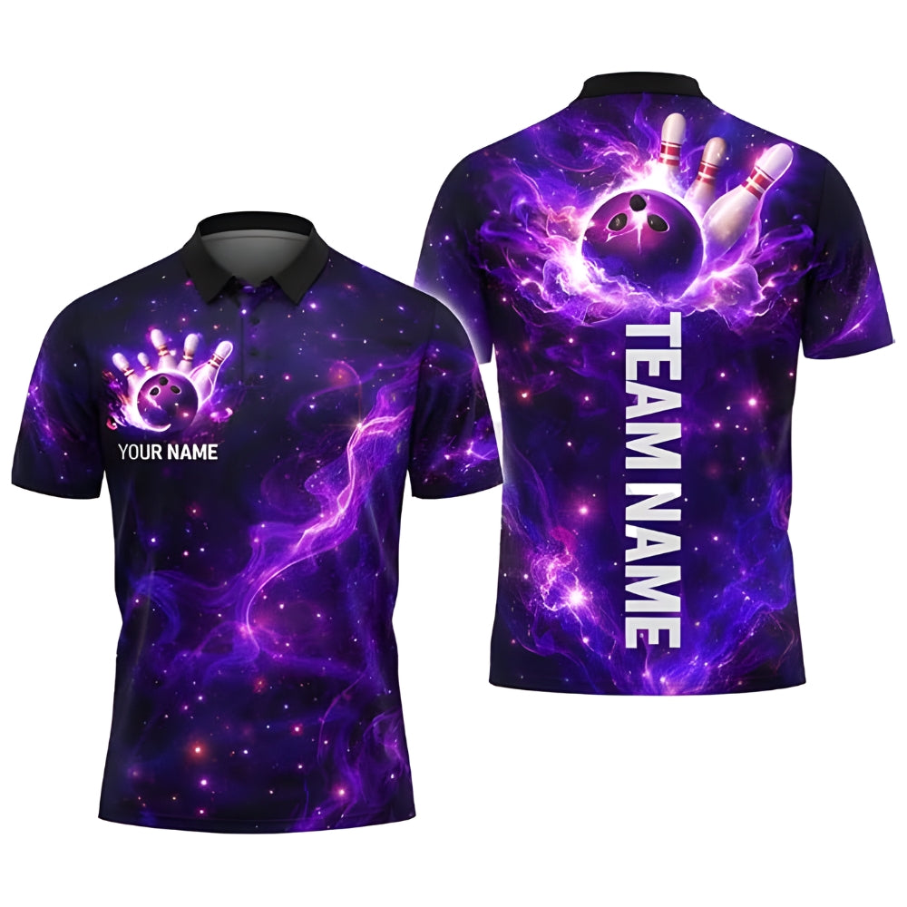 Custom Thunder Black And Purple Bowling Polo Shirt For Mens, Custom Thunder Bowling Shirts Team BZ0347