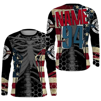 Custom Skeleton American Flag Long Sleeve Dirt Bike Shirt Mens, Custom Patriotic Skull Motocross Jerseys MZ0015