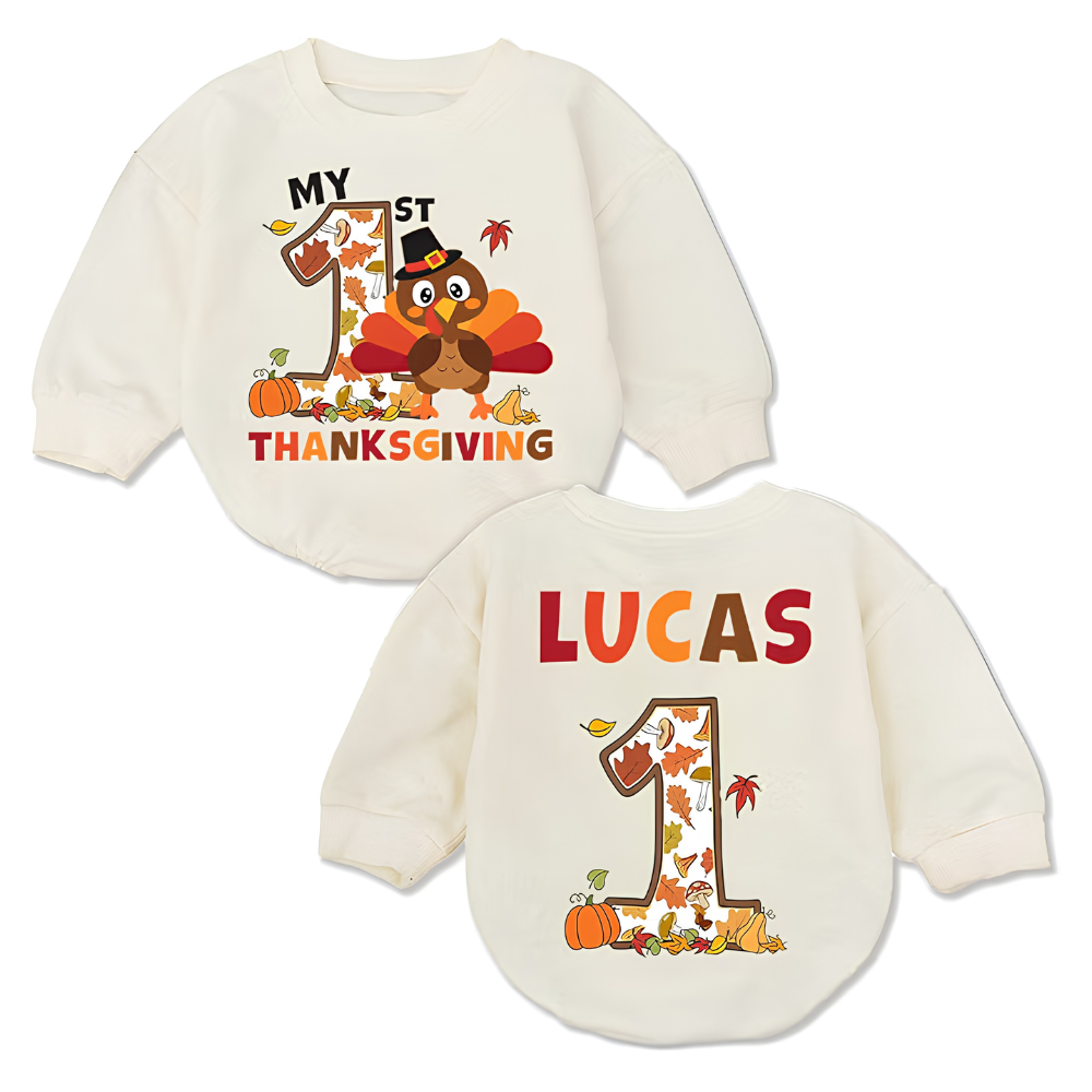 Custom Turkey 1st Birthday Baby Romper Sweatshirt, Custom First Birthday Thanksgiving Baby Romper Sweater BB0580