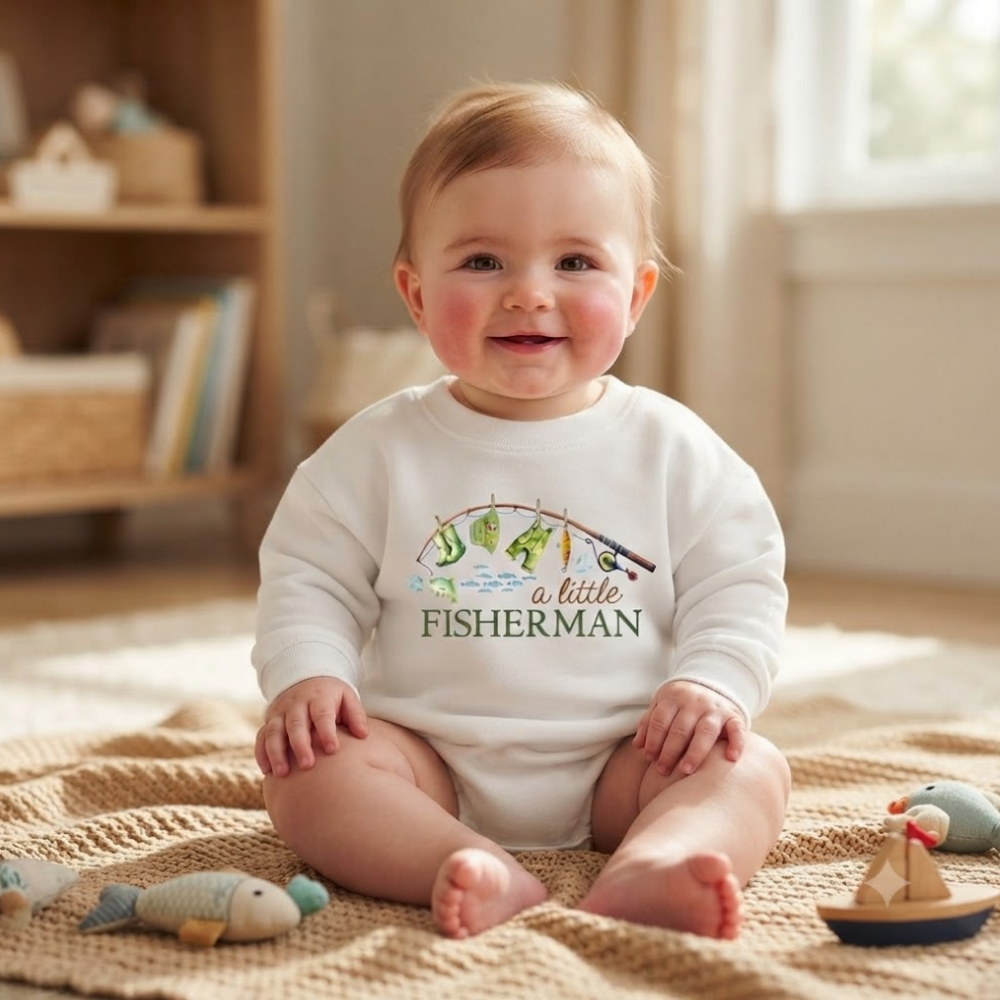 A Little Fisherman Baby Romper Sweatshirt, Fishing Baby Romper Sweater BB0880