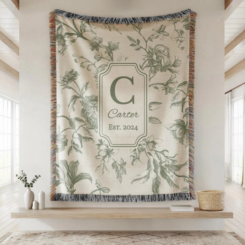Custom Vintage Floral Wedding Woven Blanket With Name and Date, Personalized Throw Blanket For Wedding Anniversary WD0163