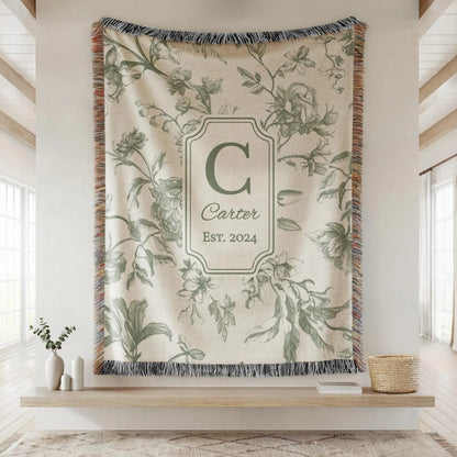 Custom Vintage Floral Wedding Woven Blanket With Name and Date, Personalized Throw Blanket For Wedding Anniversary WD0163