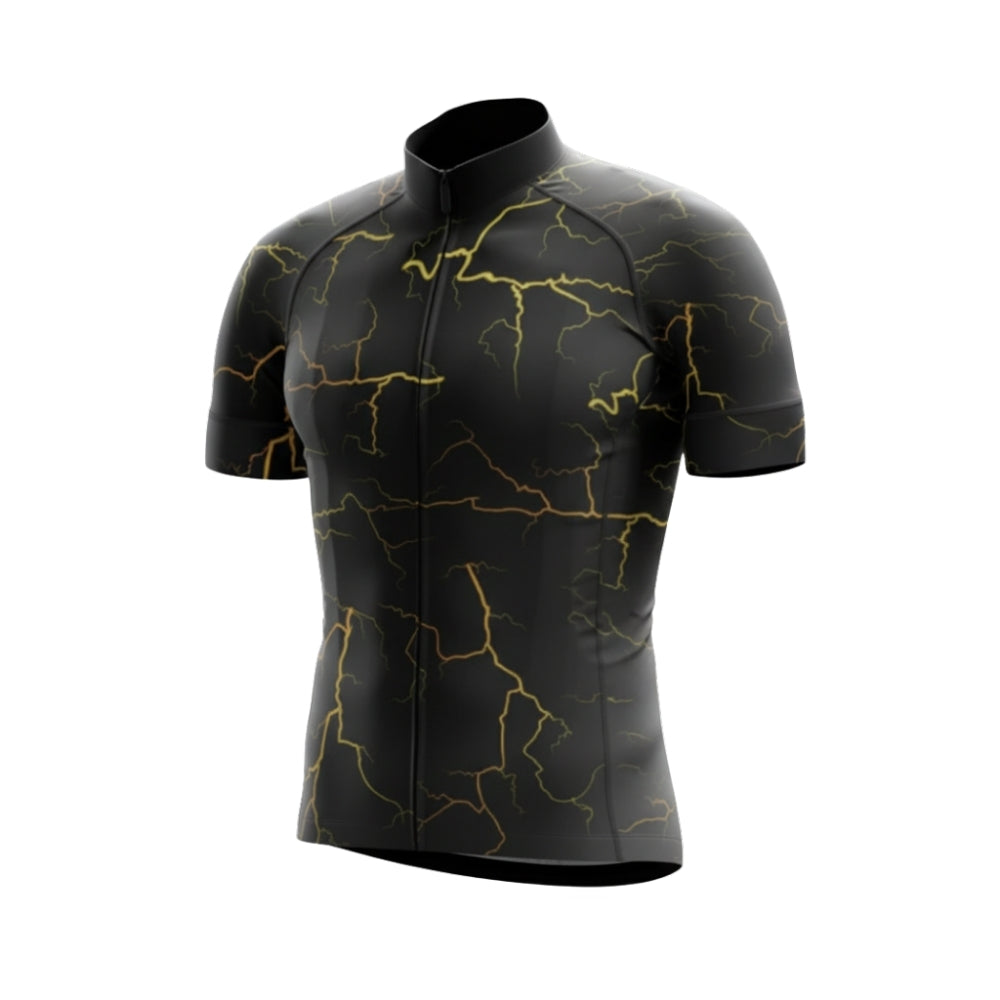Black And Yellow Thunder Lightning Short Sleeve Men's Cycling Jersey, Thunder Cycling Jerseys CG0683