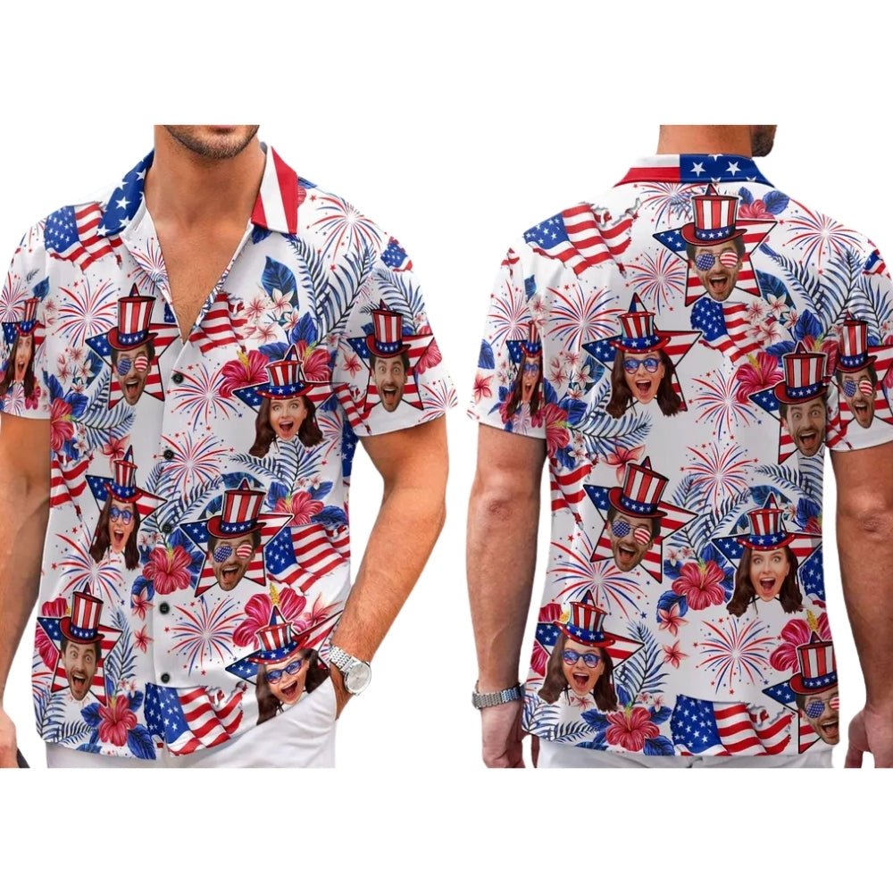 Custom Photo American Flag Hawaiian Shirt For 4th Of July, Custom Face Hawaiian Shirts Independence Day HE0213