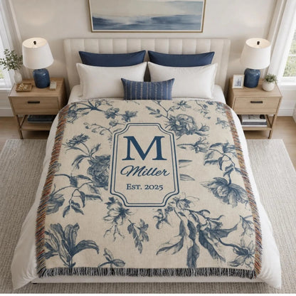 Custom Vintage Floral Wedding Woven Blanket With Name and Date, Personalized Throw Blanket For Wedding Anniversary WD0163