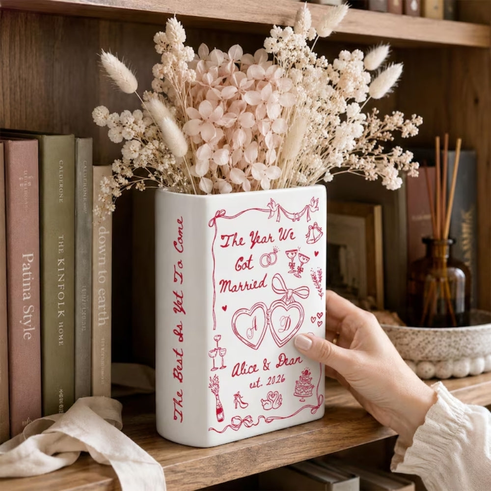 The Year We Got Engaged Custom Ceramic Book Vase, Personalized Engagement Book Vase For Couple WD0978