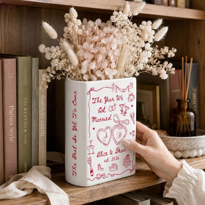 The Year We Got Engaged Custom Ceramic Book Vase, Personalized Engagement Book Vase For Couple WD0978