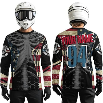 Custom Skeleton American Flag Long Sleeve Dirt Bike Shirt Mens, Custom Patriotic Skull Motocross Jerseys MZ0015