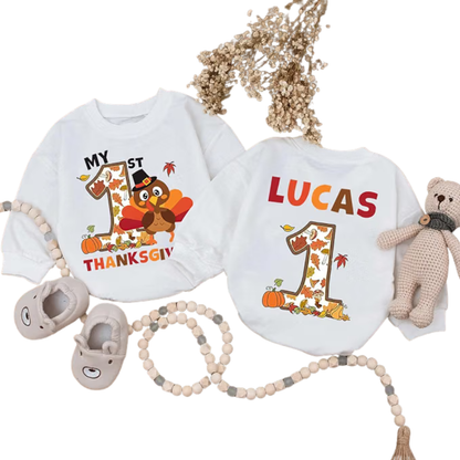 Custom Turkey 1st Birthday Baby Romper Sweatshirt, Custom First Birthday Thanksgiving Baby Romper Sweater BB0580