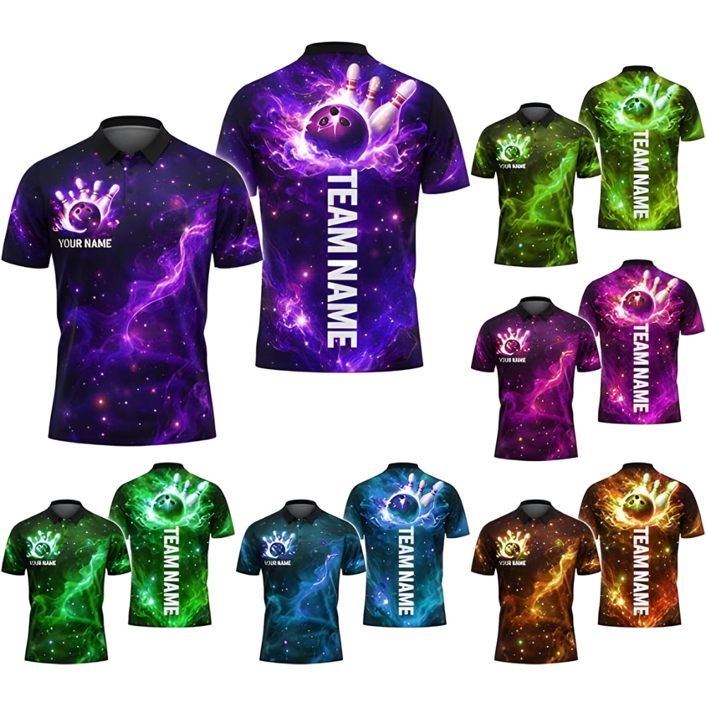 Custom Thunder Black And Purple Bowling Polo Shirt For Mens, Custom Thunder Bowling Shirts Team BZ0347