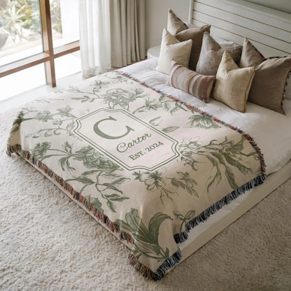 Custom Vintage Floral Wedding Woven Blanket With Name and Date, Personalized Throw Blanket For Wedding Anniversary WD0163