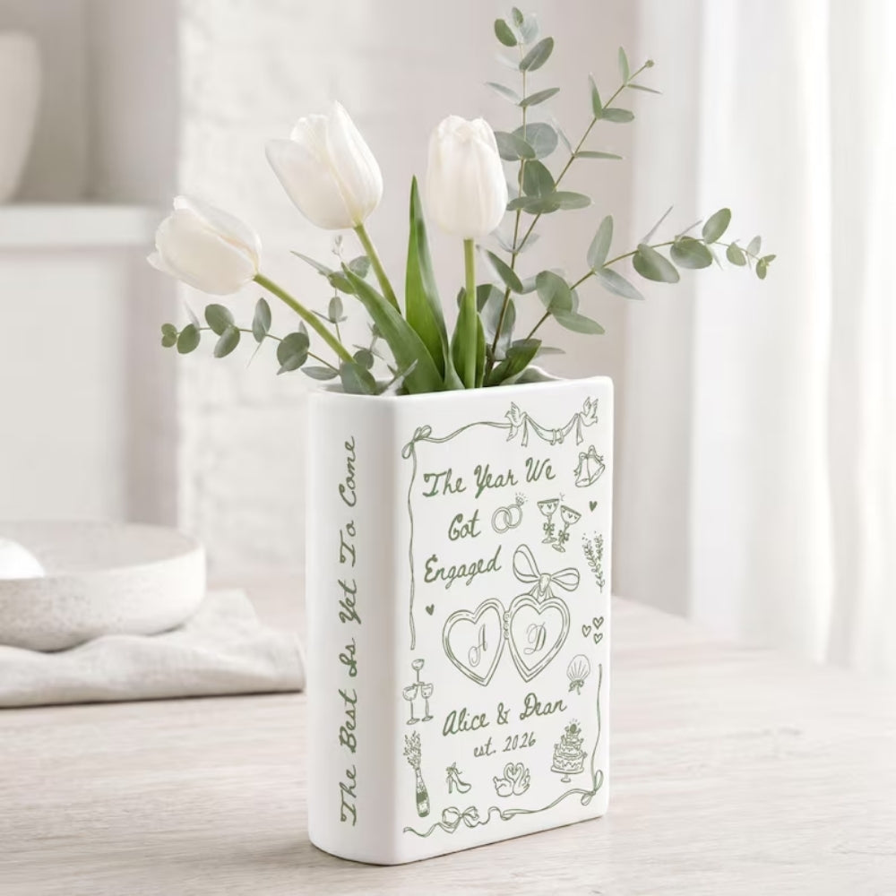 The Year We Got Engaged Custom Ceramic Book Vase, Personalized Engagement Book Vase For Couple WD0978