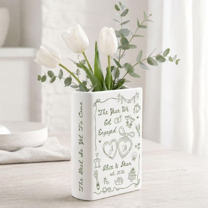 The Year We Got Engaged Custom Ceramic Book Vase, Personalized Engagement Book Vase For Couple WD0978