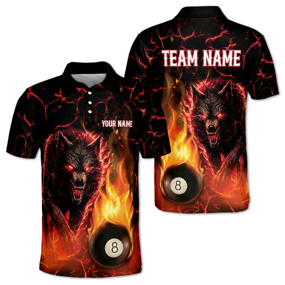 Custom Wolf Flaming 8 Ball Billiard Polo Shirt Mens, Custom Wolf Billiard Team Shirts BIZ0223