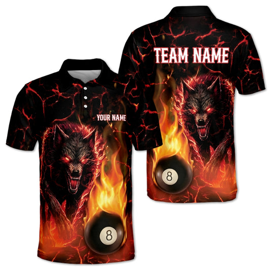 Custom Wolf Flaming 8 Ball Billiard Polo Shirt Mens, Custom Wolf Billiard Team Shirts BIZ0223