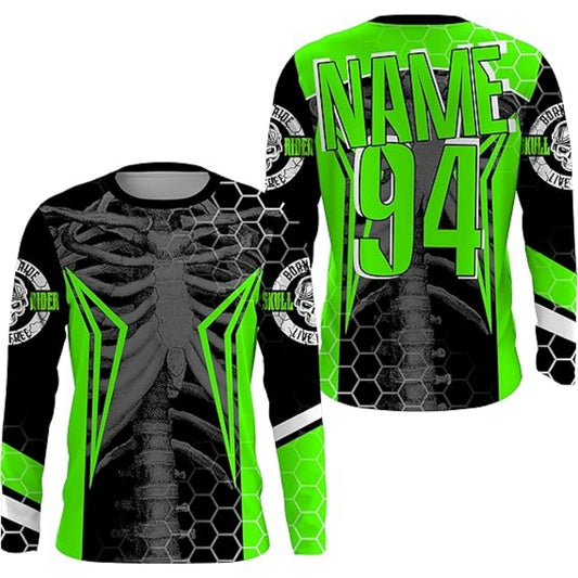 Custom Men's Skeleton Black And Green Dirt Bike Shirt For Men, Custom Skeleton Motocross Racing Jerseys MZ0016