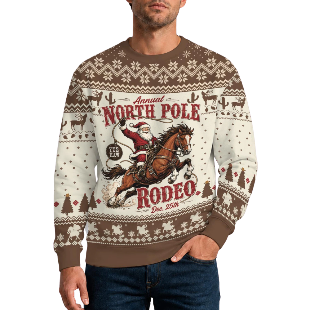 North Pole Rodeo Santa Ugly Christmas Sweatshirt 3D Printed, Western Christmas Sweatshirt For Men 2D1135