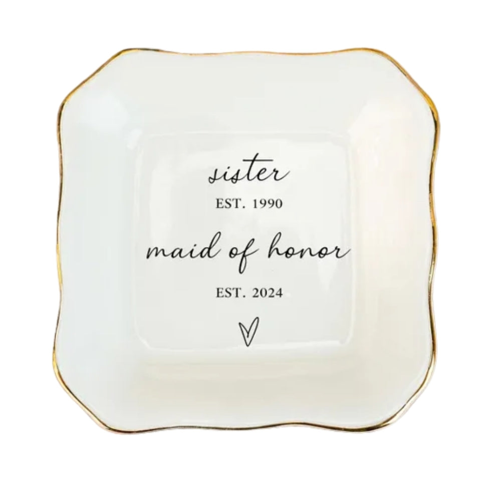 Sister Maid Of Honor Personalized Bridesmaid Wedding Ring Dish, Custom Maid Of Honor Jewelry Dish With Year WD0180