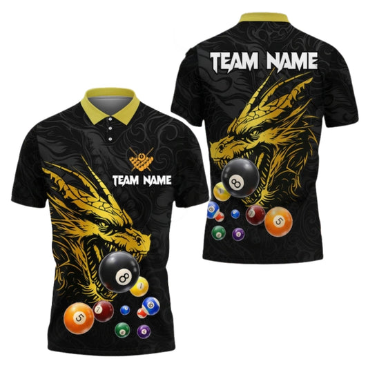 Custom Dragon Black And Yellow Billiard Men Polo Shirt, Custom Dragon Billiard Shirts For Team BIE0028