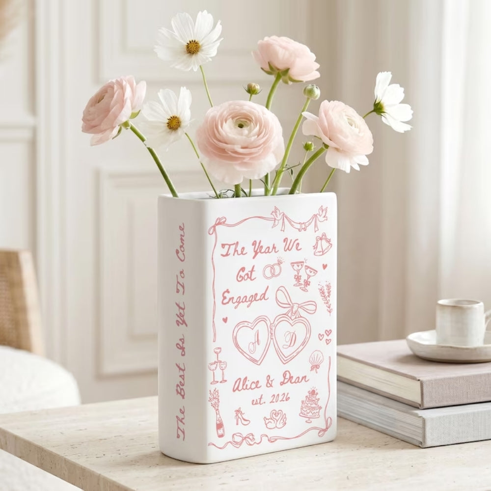 The Year We Got Engaged Custom Ceramic Book Vase, Personalized Engagement Book Vase For Couple WD0978