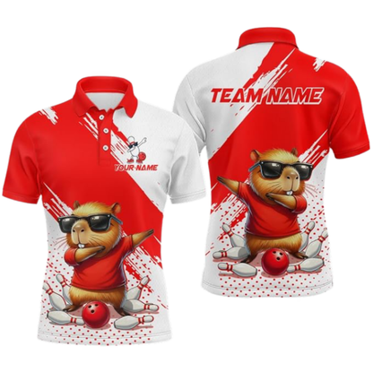 Funny Squirrel Custom Red White Bowling Polo Shirt For Men, Custom Squirrel Bowling Team Shirts BZ0977