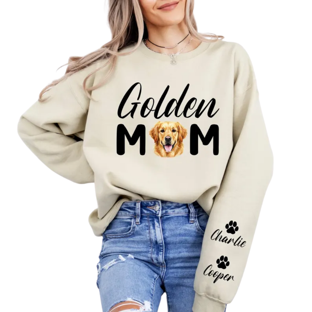 Personalized Golden Mom Sweatshirt With Dog Name, Custom Womens Golden Retriever Lover Sweatshirt 2D1003