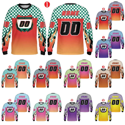 Custom Checkered Gradient Flame Long Sleeve Dirt Bike Jersey For Men, Custom Checkered Dirt Bike Shirts ME0023