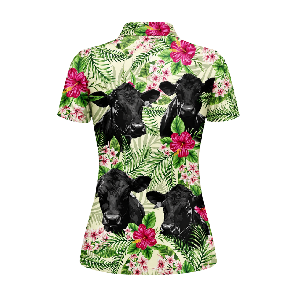 Angus Cow Flower Golf Polo Shirt For Ladies, Cow Tropical Golf Shirt Womens GE0499