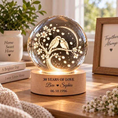 30 Years Of Love Custom Tree Birds Couple Crystal Ball Led Night Light, Custom 30th Wedding Anniversary Night Light WD0838