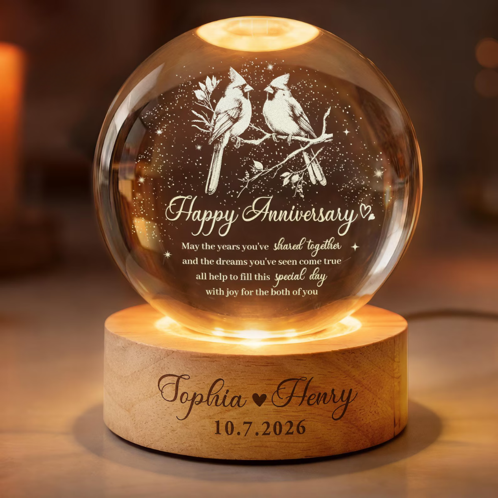 Custom Cardinals Bird Couple Crystal Ball Led Night Light, Custom Wedding Anniversary Keepsake Night Light WD0849