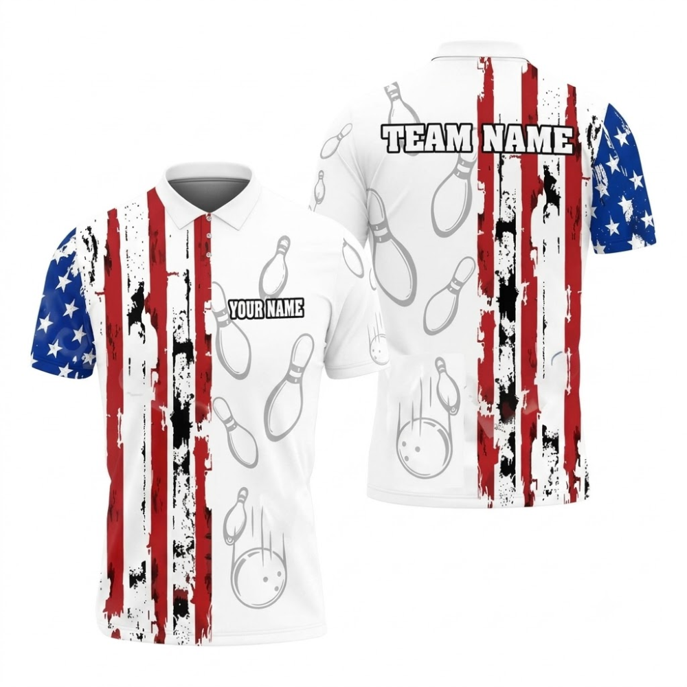 American Flag Custom Black Grunge Bowling Polo Shirt Mens, Custom Patriotic Bowling Team Shirts BZ0867