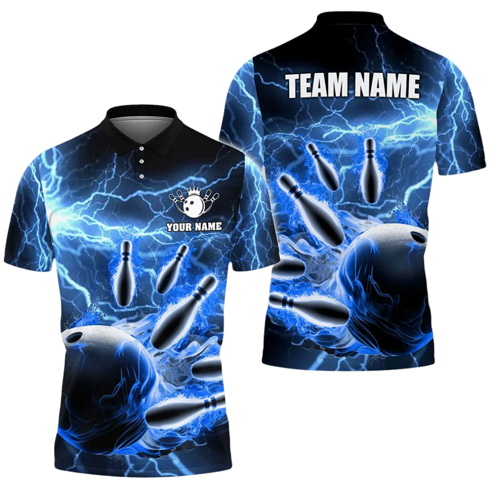 Custom Black Red Thunder Mens Bowling Polo Shirt, Custom Thunder Bowling Team Shirts BZ0739