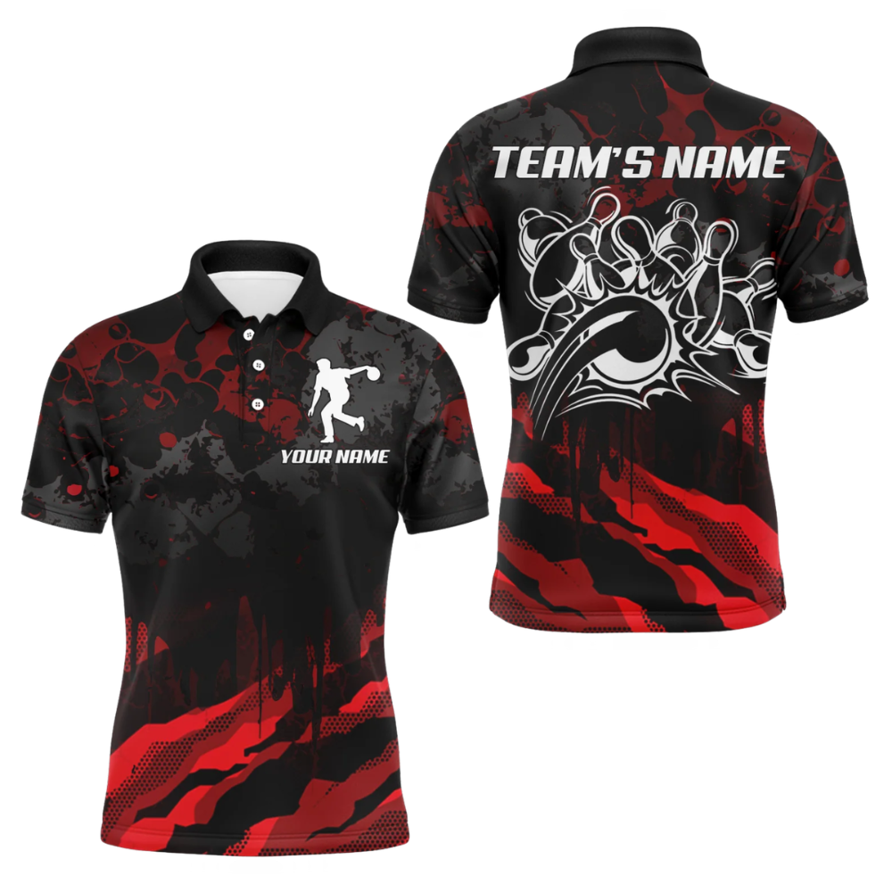 Custom Camouflage Bowling Mens Polo Shirts Black And Red, Custom Camo Team Bowling Shirt BZ1096