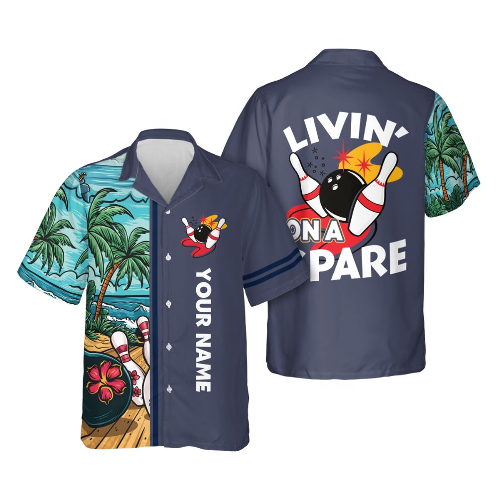 Livin' On A Spare Custom Tropical Bowling Hawaiian Shirts For Men, Custom Funny Bowling Shirts HB0200