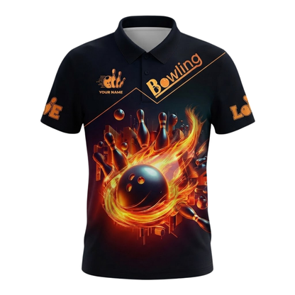Custom Fire Ball Bowling Polo Shirt Mens, Custom Flame Bowling Team Shirts BZ0546