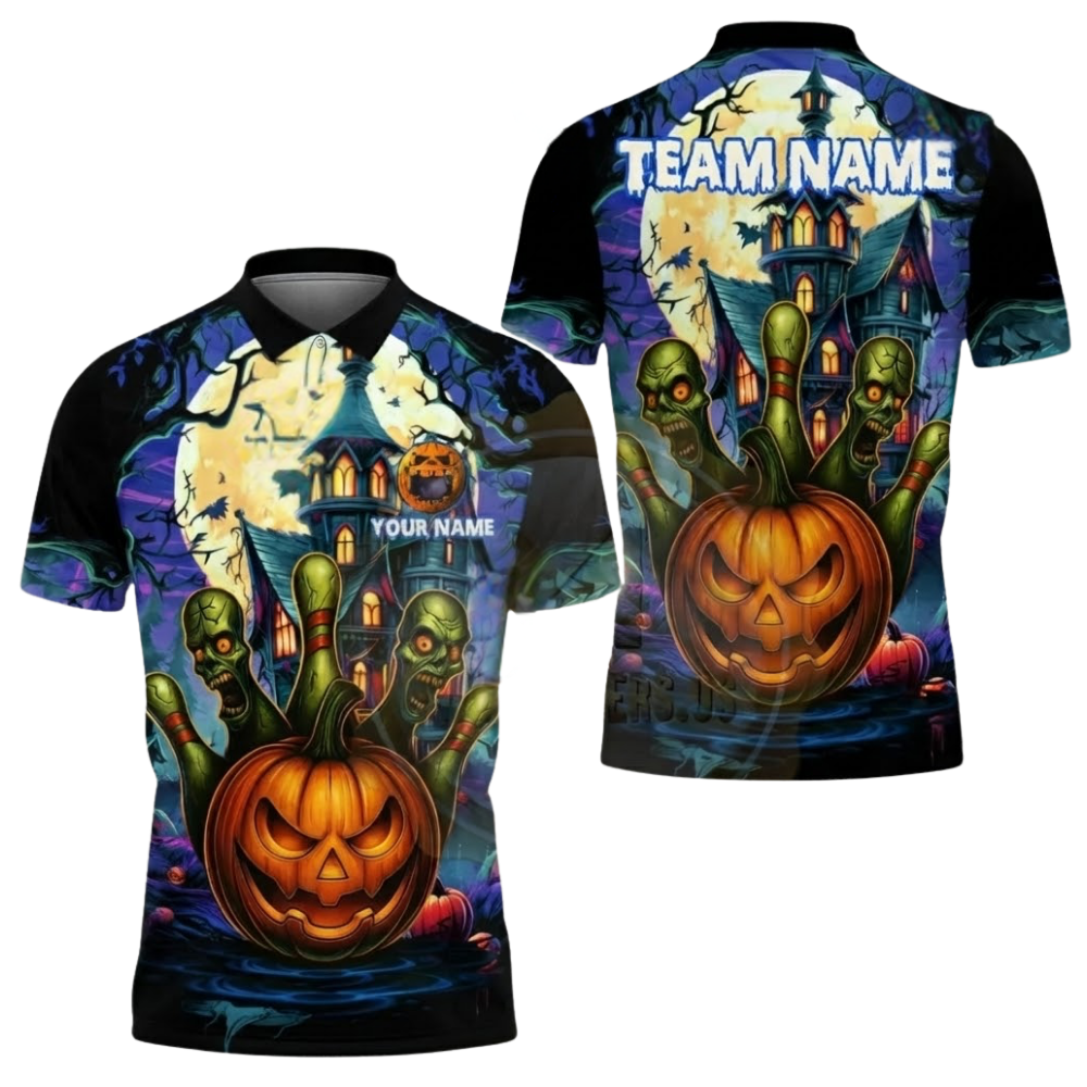 Custom Pumpkin Ball And Pins Bowling Polo Shirt For Men, Custom Team Halloween Bowling Shirt BZ0619