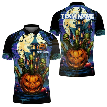 Custom Pumpkin Ball And Pins Bowling Polo Shirt For Men, Custom Team Halloween Bowling Shirt BZ0619
