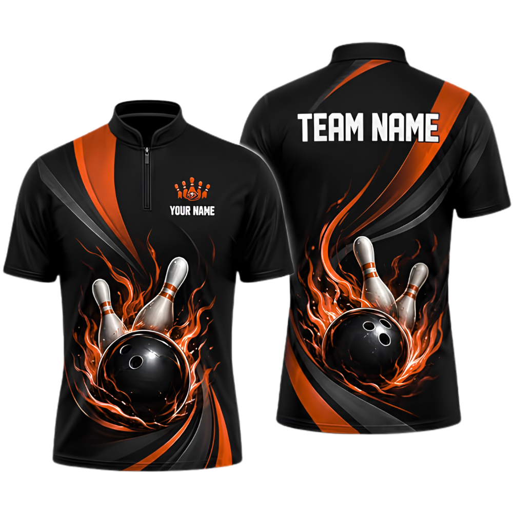 Custom Flame Red Black Bowling Jersey For Men, Custom Flame Team Bowling Shirt BZ0923