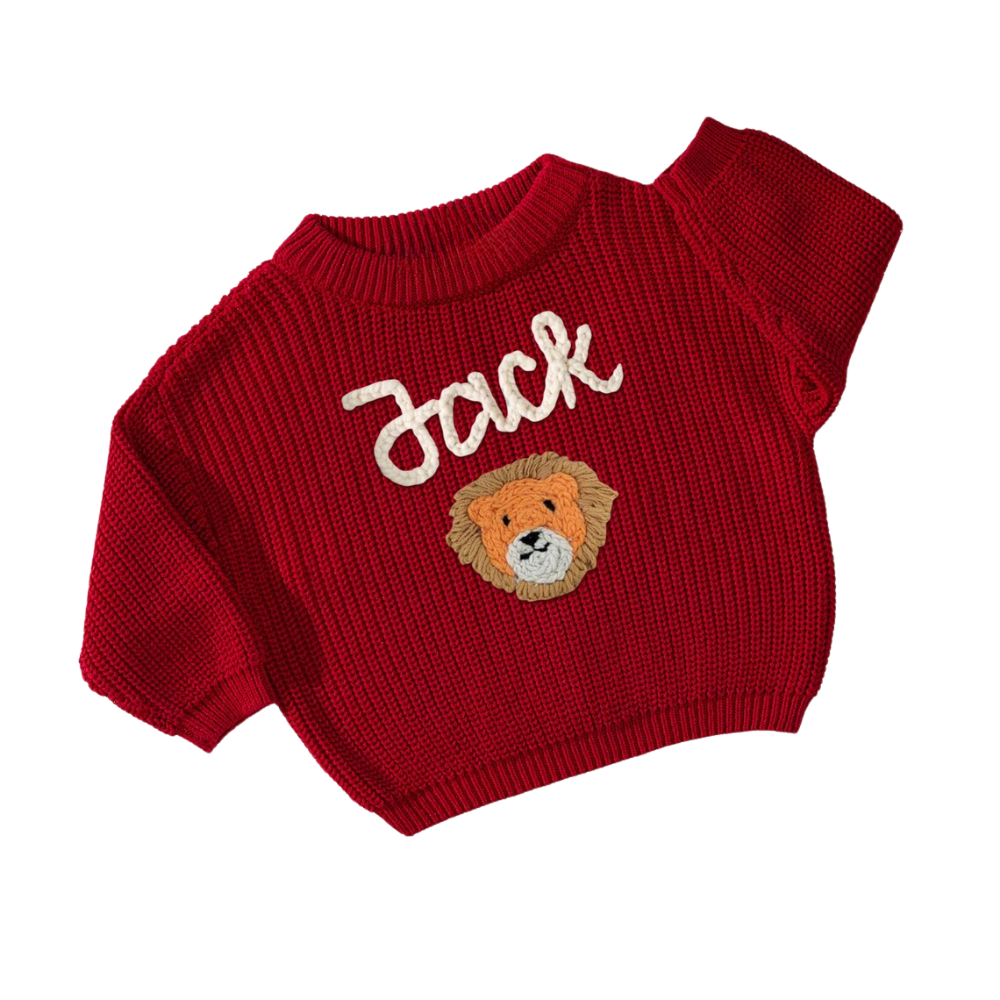 Custom Name Lion Embroidered Baby Knit Sweater, Custom Lion Knit Sweatshirt For Baby BB0125